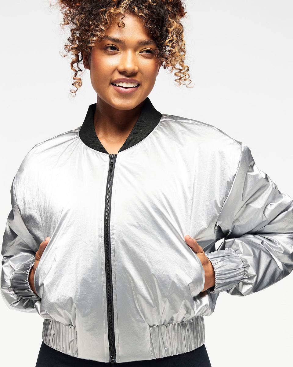 Zumba Runway Crop Zip Up Puff Bomber Jacket - Gold / Silver