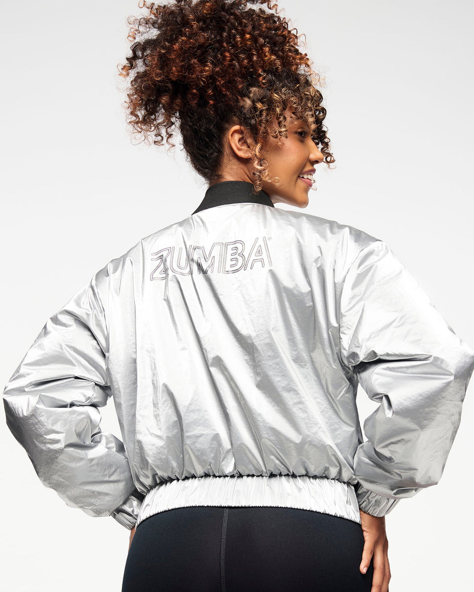 ズンバ Zumba Runway Crop Zip Up Puff Bomber Jacket Silver Zumba Runway Crop Zip Up Puff Bomber Jacket – Zumba Wear