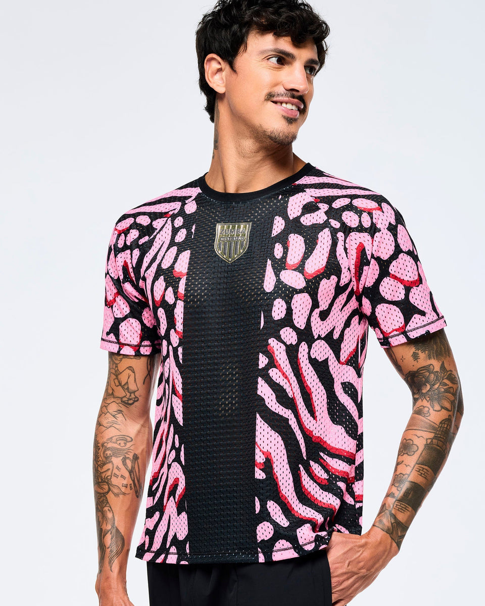 Victory Mesh Crew Neck Raglan Sleeve Top - Black/Pink
