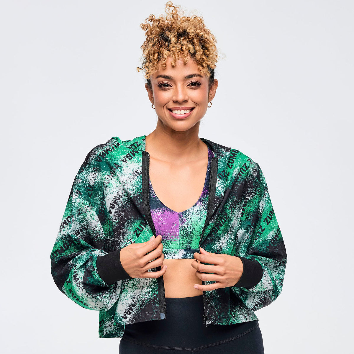 Apres Zumba Crop Woven Zip-Up Hoodie - Black/Green Z1T001030