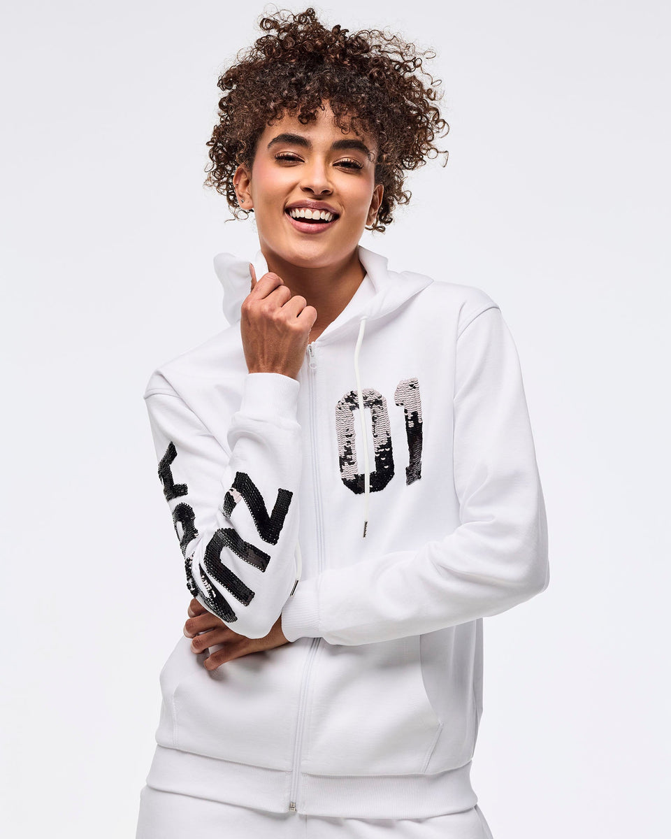 Zumba Sparkle Oversized Zip-Up Hoodie - Wear It Out White