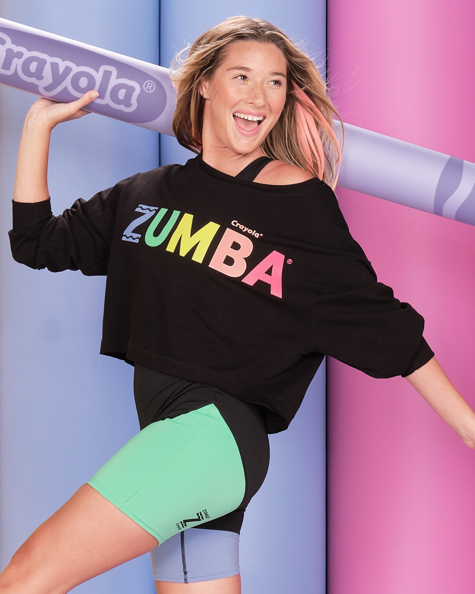 Zumba X Crayola Color The Dance Floor Bodysuit: Inspiring Color-Blocked  Bodysuit with Front Cut Out Detail and Multicolor Zumba Graphic.