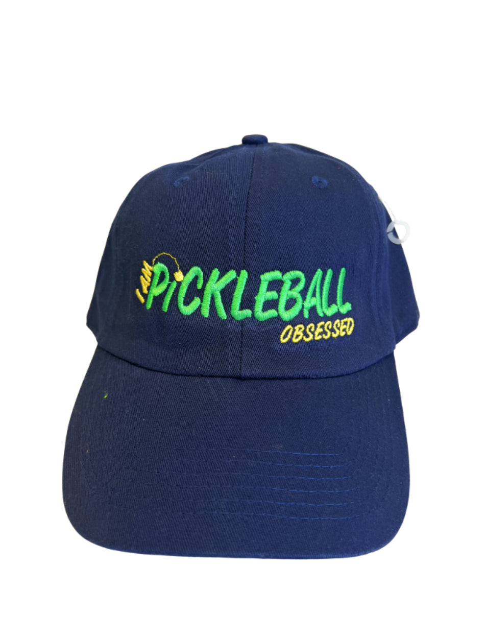 Navy pickleball hat with embroidered 'Pickleball Obsessed' design, vintage dad cap