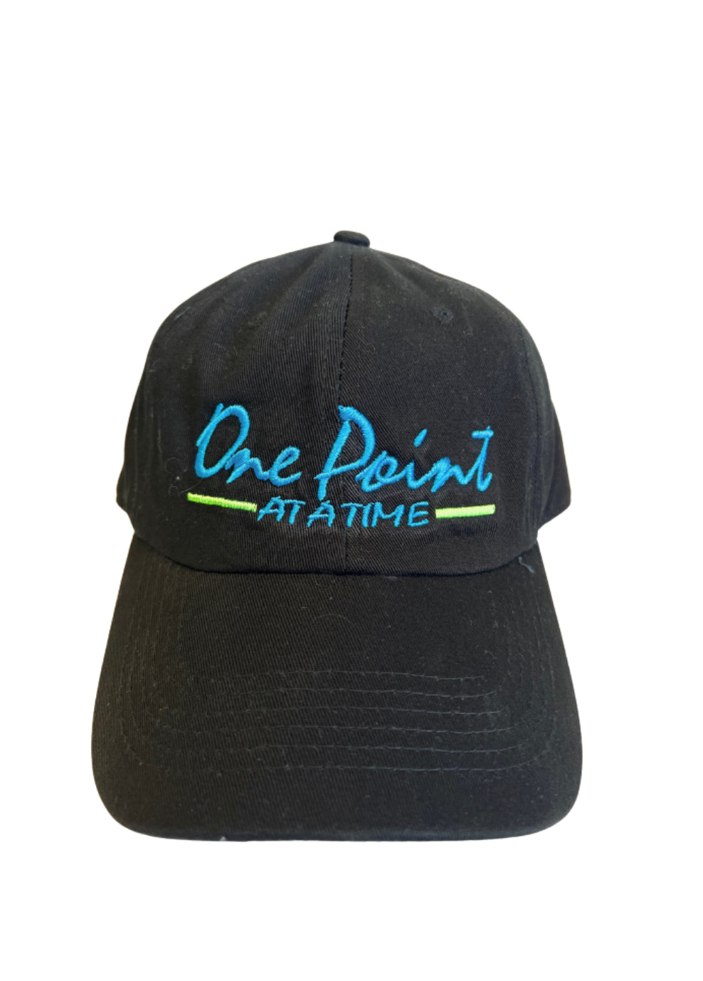 Black pickleball hat with embroidered 'One Point at a Time' design, vintage dad cap