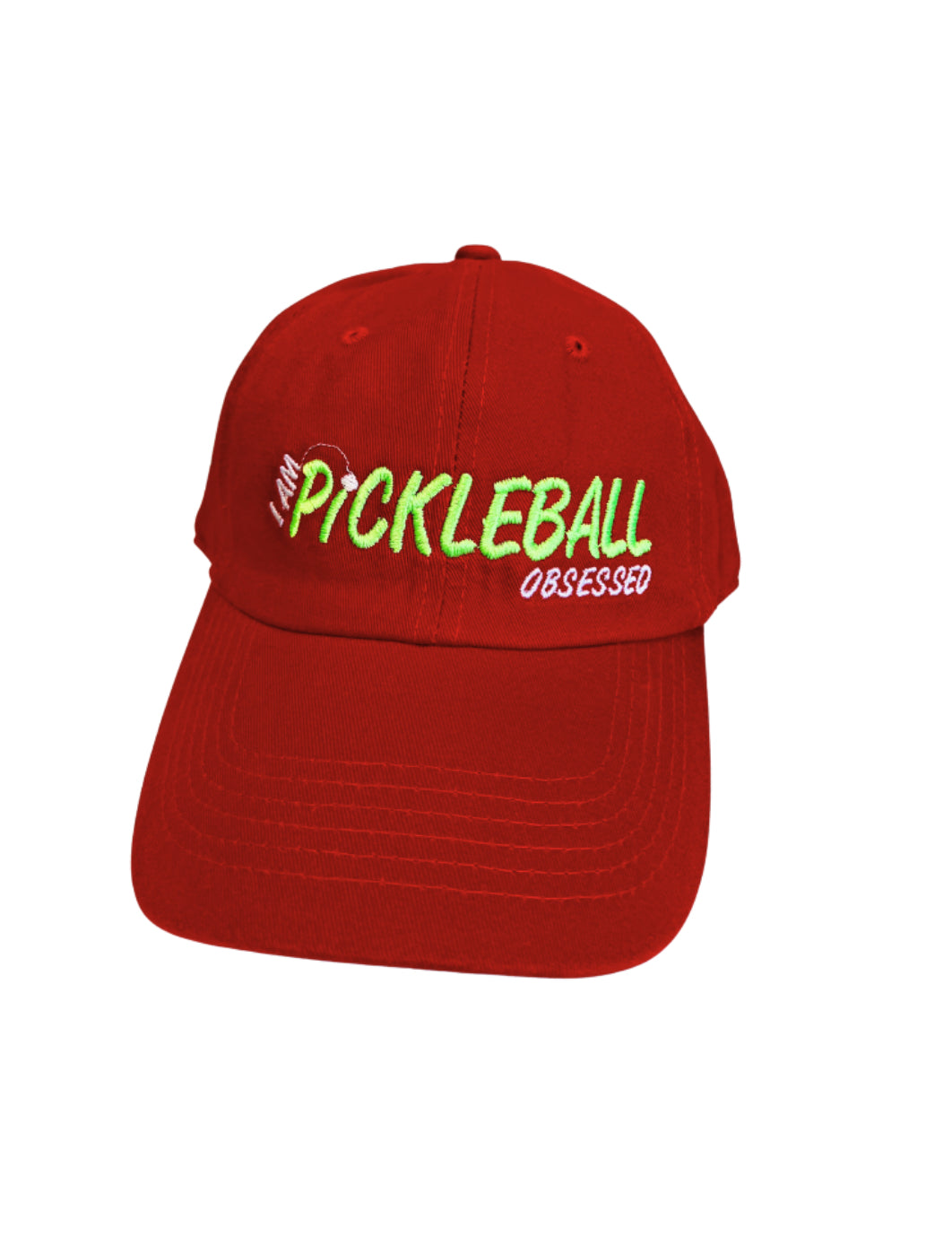 Red pickleball hat with embroidered 'Pickleball Obsessed' design, vintage dad cap
