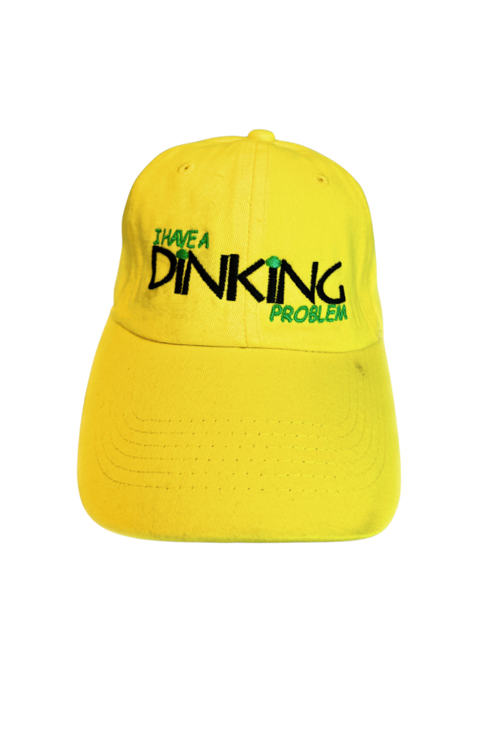 Yellow pickleball hat with embroidered 'I Have a Dinking Problem' design, vintage dad cap