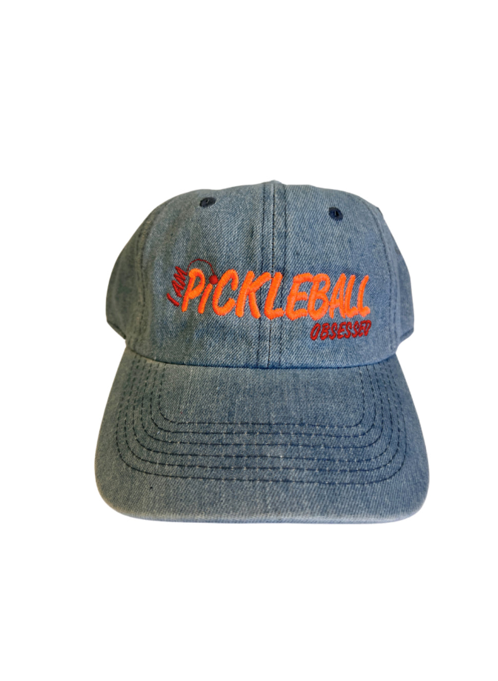 Blue denim pickleball hat with embroidered 'Pickleball Obsessed' design