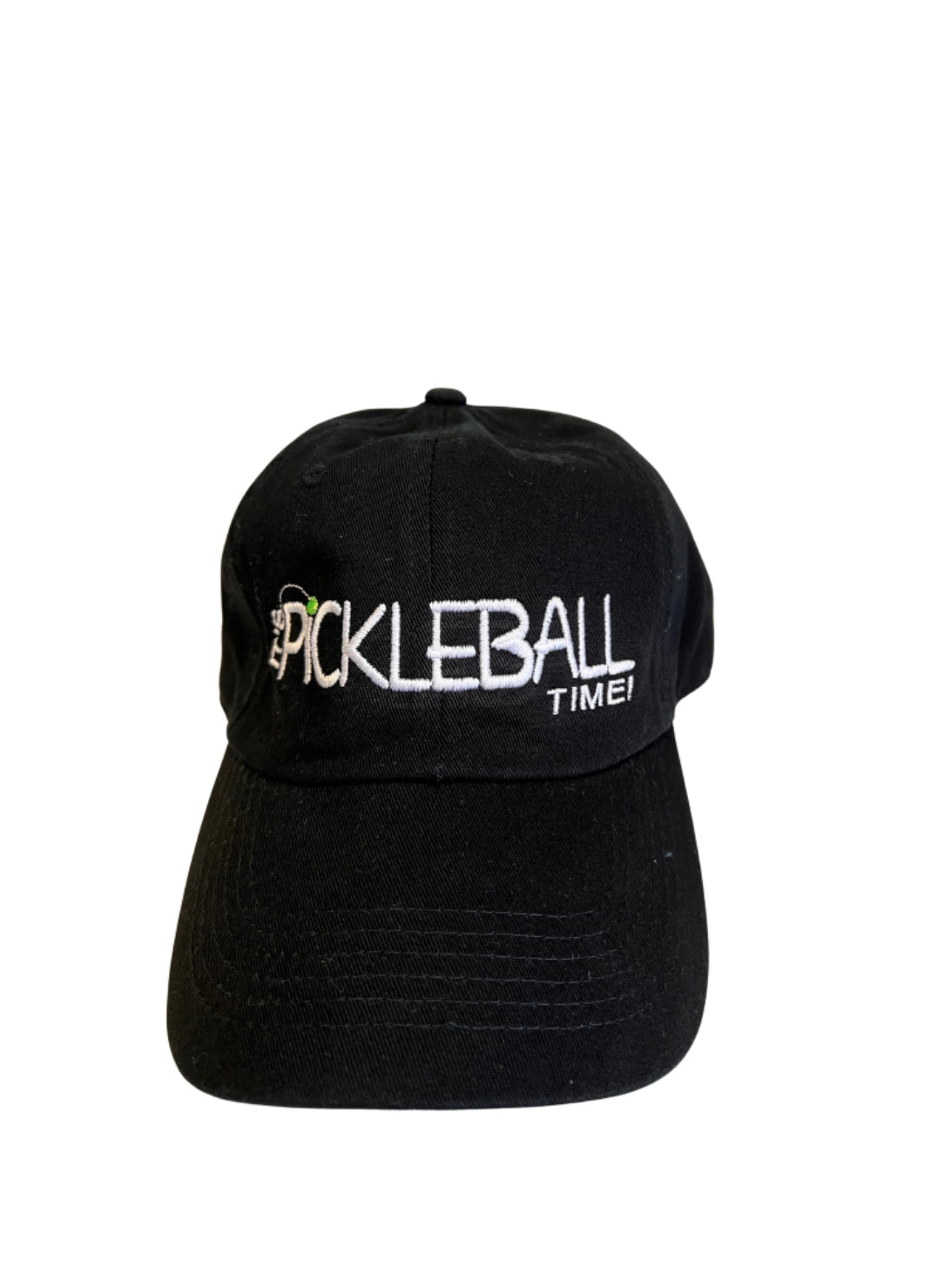 Black pickleball hat with embroidered 'It's Pickleball Time!' design, vintage dad cap