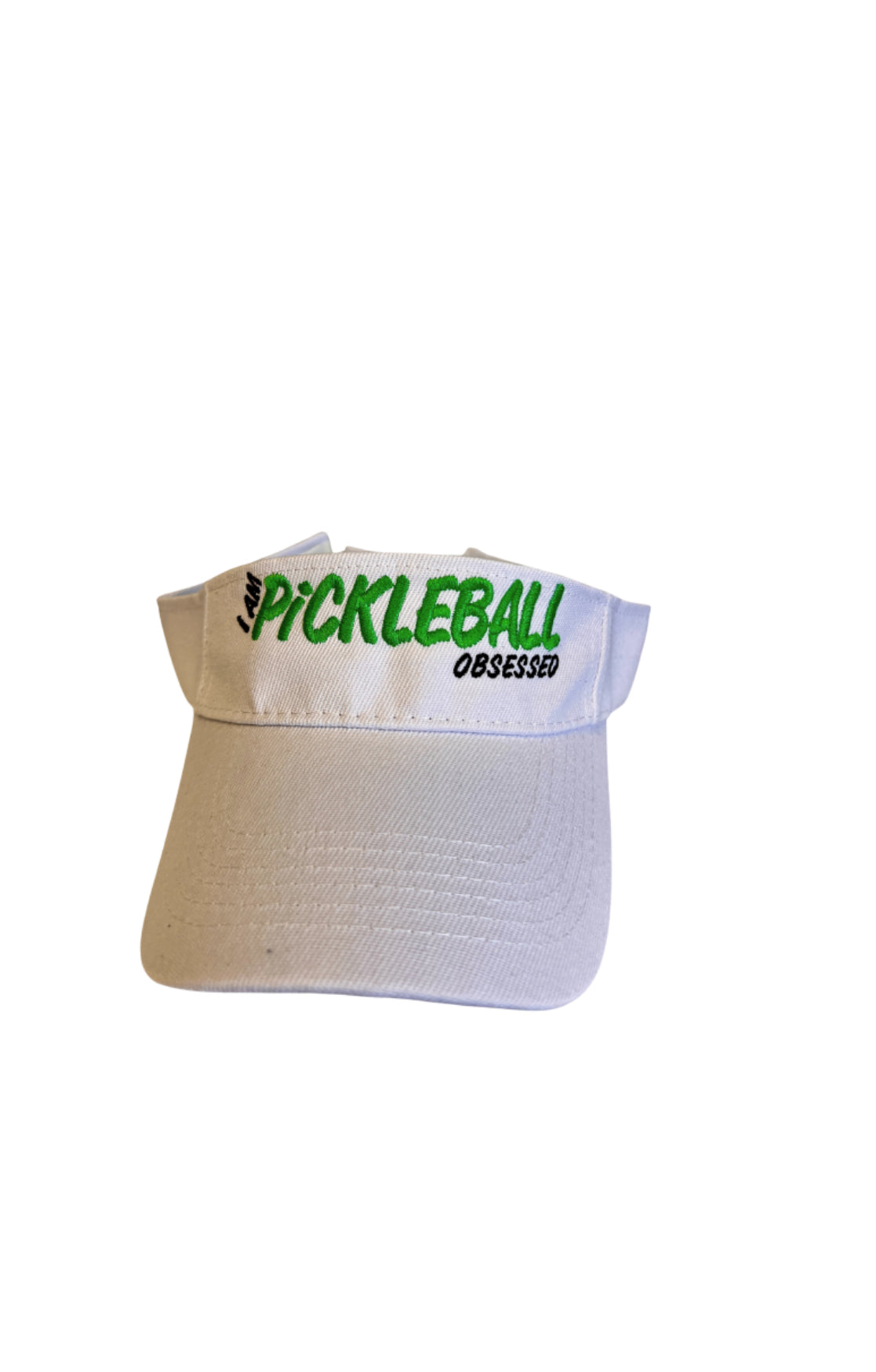 White pickleball visor with embroidered 'Pickleball Obsessed' design