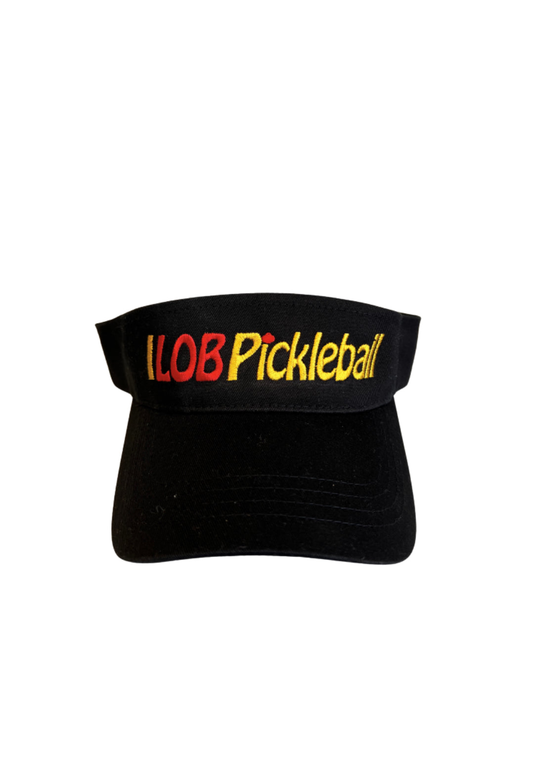 Black pickleball visor with embroidered 'I LOB Pickleball' design