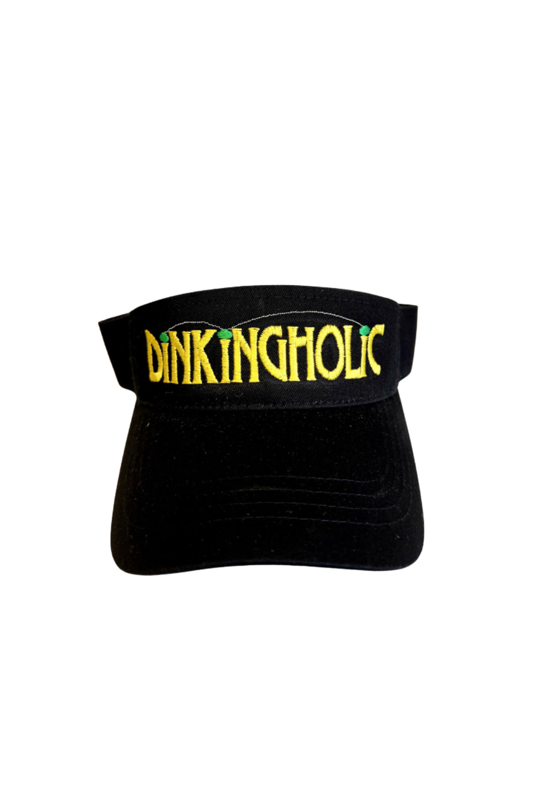 Black pickleball visor with embroidered 'Dinkingholic' design