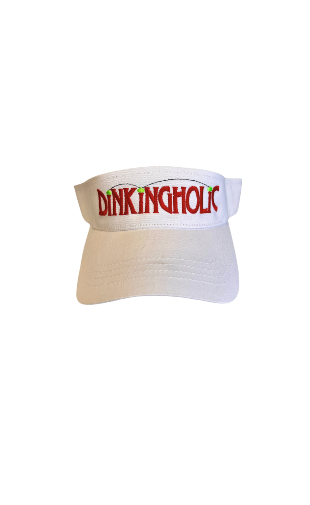 White pickleball visor with embroidered 'Dinkingholic' design