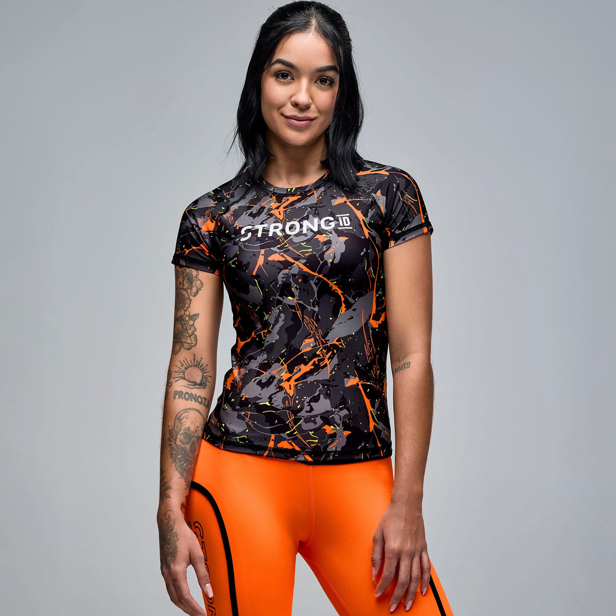 STRONG iD Fitted Raglan Cap Sleeve Top - Black/Orange S1T000102