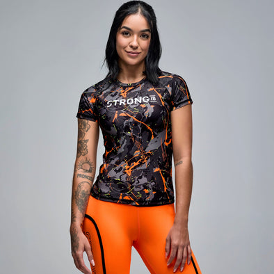 STRONG iD Fitted Raglan Cap Sleeve Top - Black/Orange S1T000102
