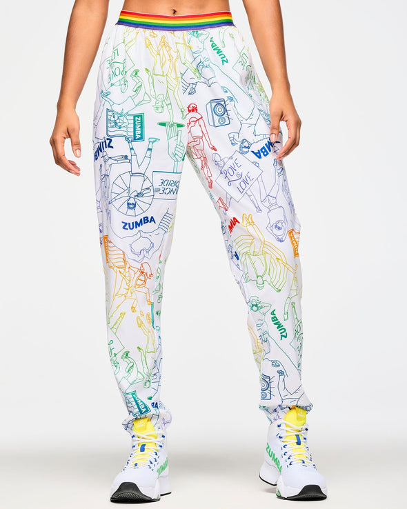 Zumba Elastic Waistband Slouch Woven Pants - White/Rainbow Z1B000609