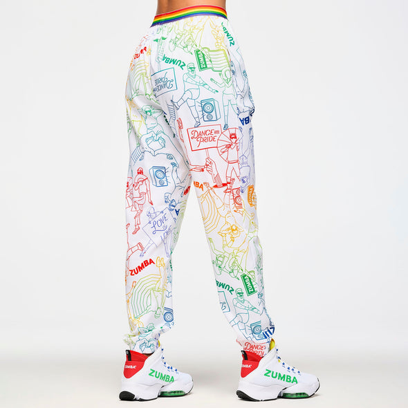 Zumba Elastic Waistband Slouch Woven Pants - White/Rainbow Z1B000609