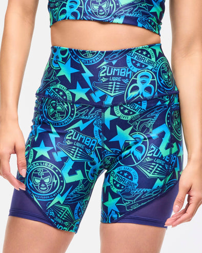 Zumba Libre High Waisted Biker Shorts With Mesh Inserts - Blue/Green Z1B000615