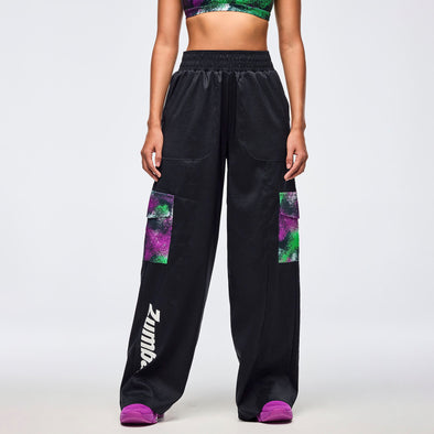 Apres Zumba Wide Leg Woven Cargo Pants - Black/Green Z1B000685
