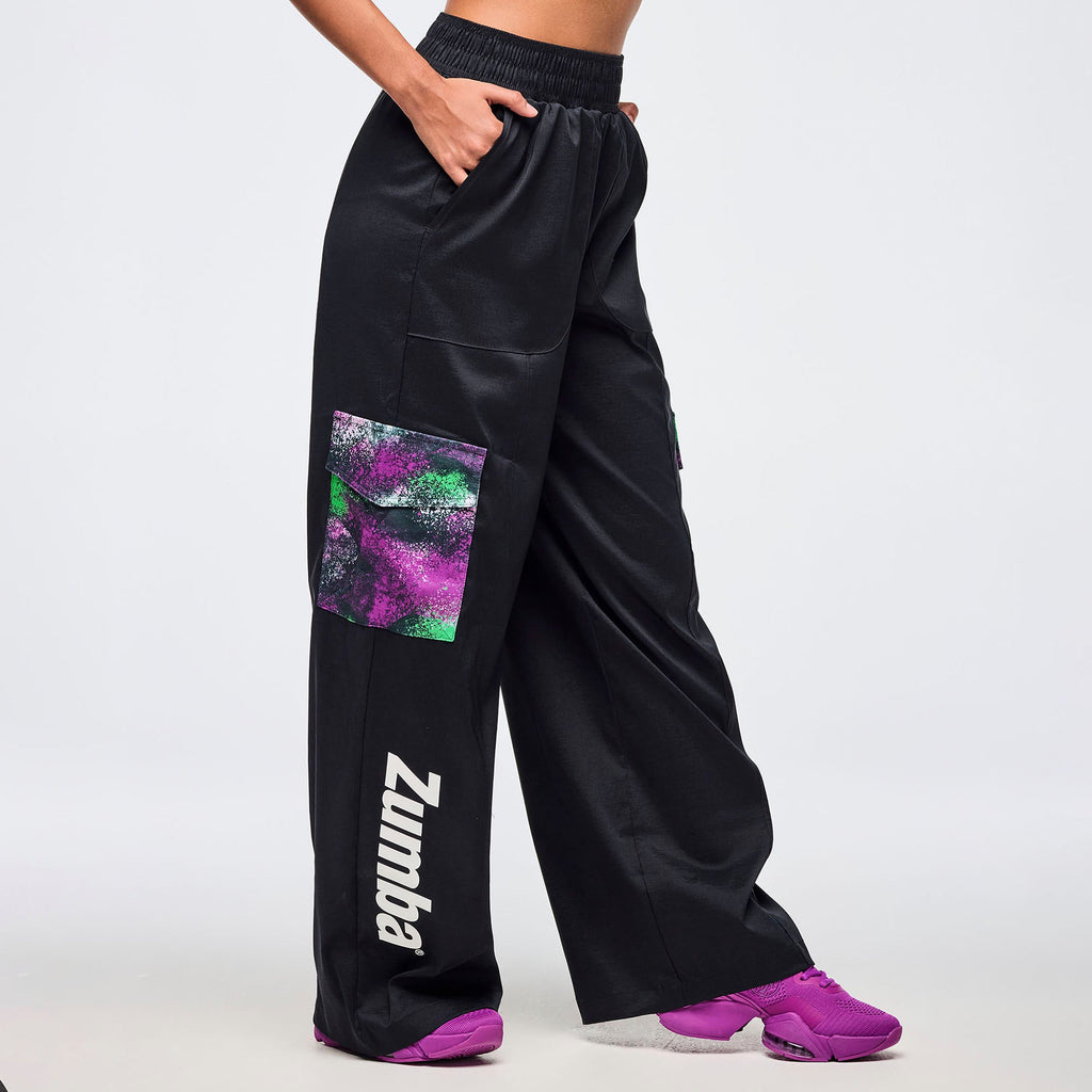Apres Zumba Wide Leg Woven Cargo Pants - Black/Green Z1B000685