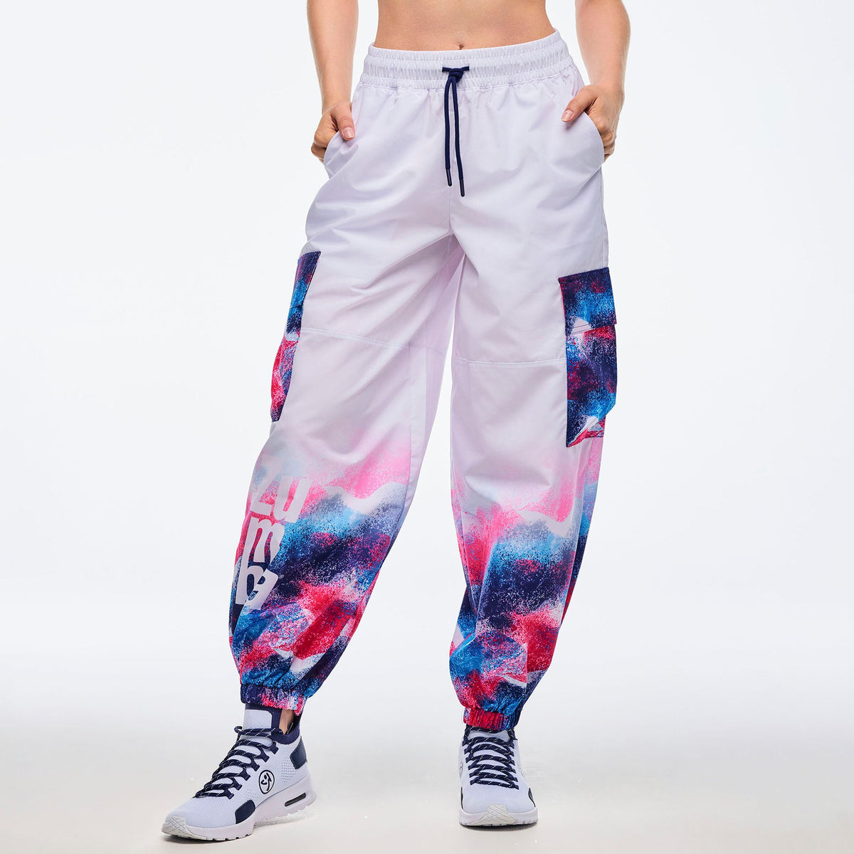 Apres Zumba Baggy Parachute Cargo Pants - White/Blue Z1B000686