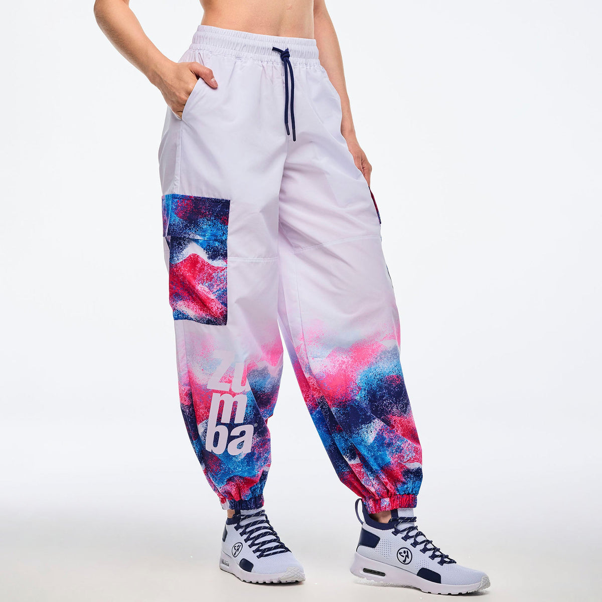 Apres Zumba Baggy Parachute Cargo Pants - White/Blue Z1B000686