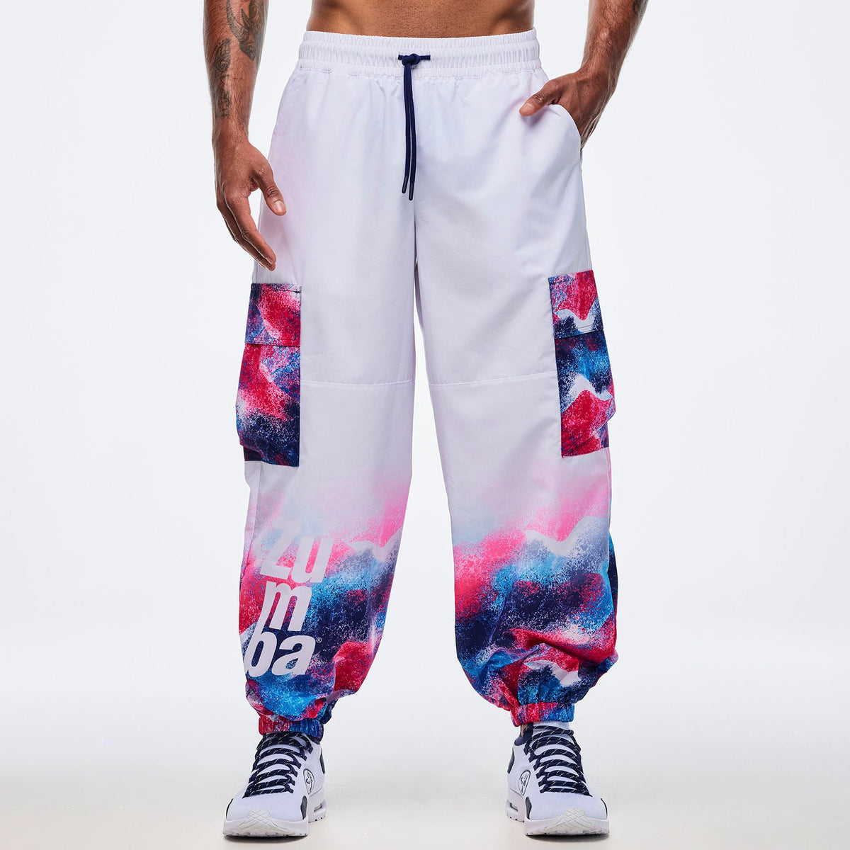 Apres Zumba Baggy Parachute Cargo Pants - White/Blue Z1B000686
