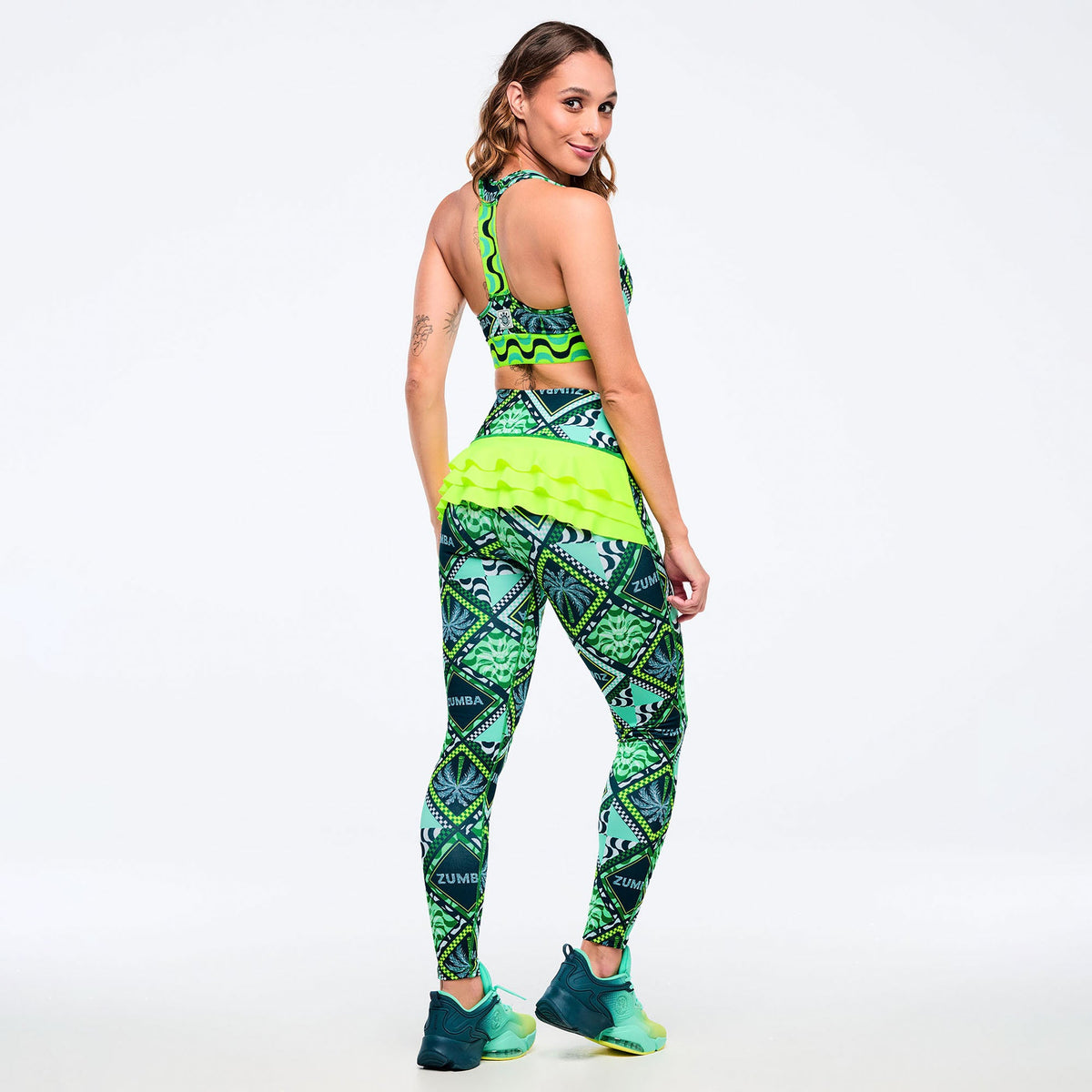 Latin Movement Z-Lift High Waisted Ruffle Back Ankle Leggings - Teal/Green Z1B000732