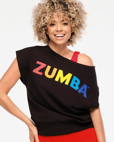 Zumba Explore Off The Shoulder Short Sleeve Sweatshirt - Bold Black Z1T000742