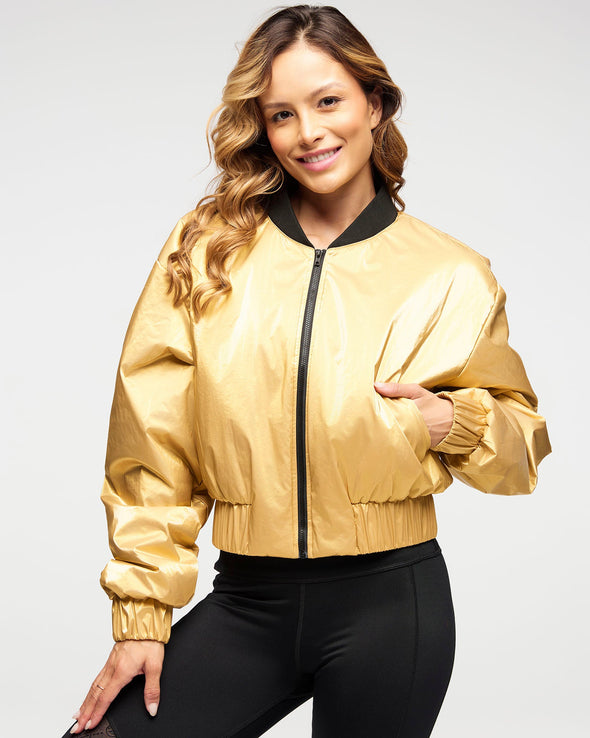 Zumba Runway Crop Zip Up Puff Bomber Jacket - Gold / Silver Z1T000782