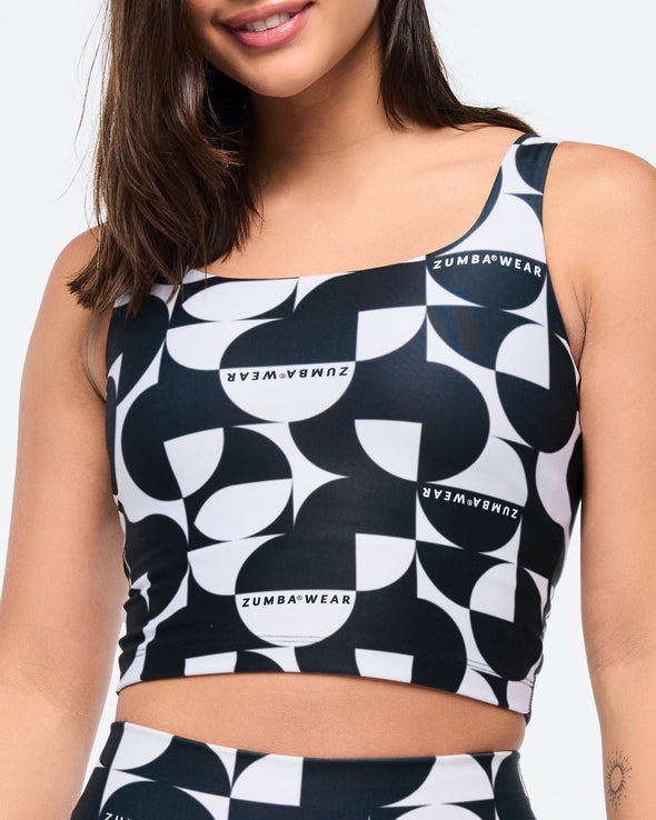 Zumba Haus Square Neck Crop Tank With Shelf Bra - Black/White Z1T000816