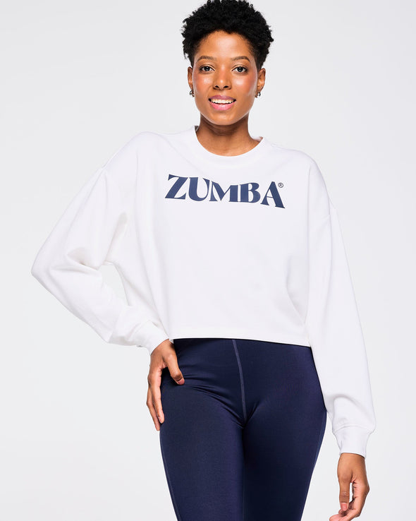 Zumba Out Loud Crew Neck Long Sleeve Oversized Crop Top - Wear It Out White Z1T000866