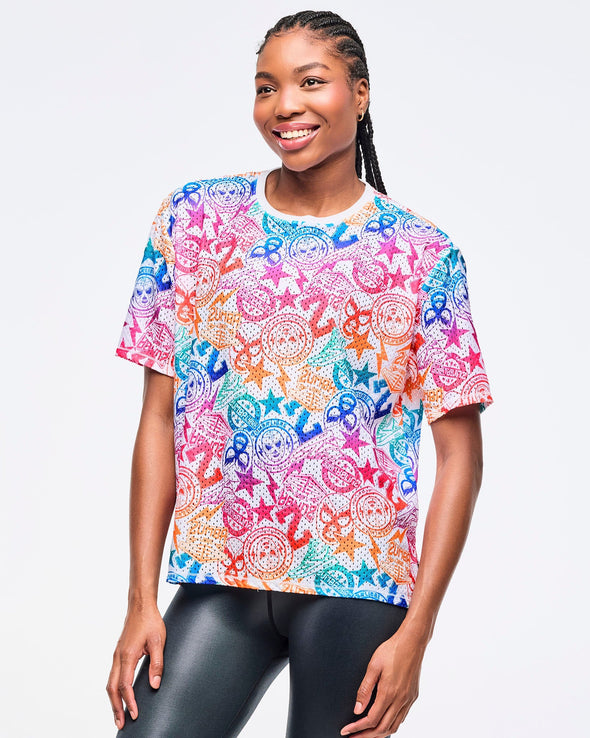 Zumba Libre Boxy Mesh Top With Side Slits - White/Pink Z1T000952