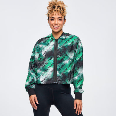Apres Zumba Crop Woven Zip-Up Hoodie - Black/Green Z1T001030