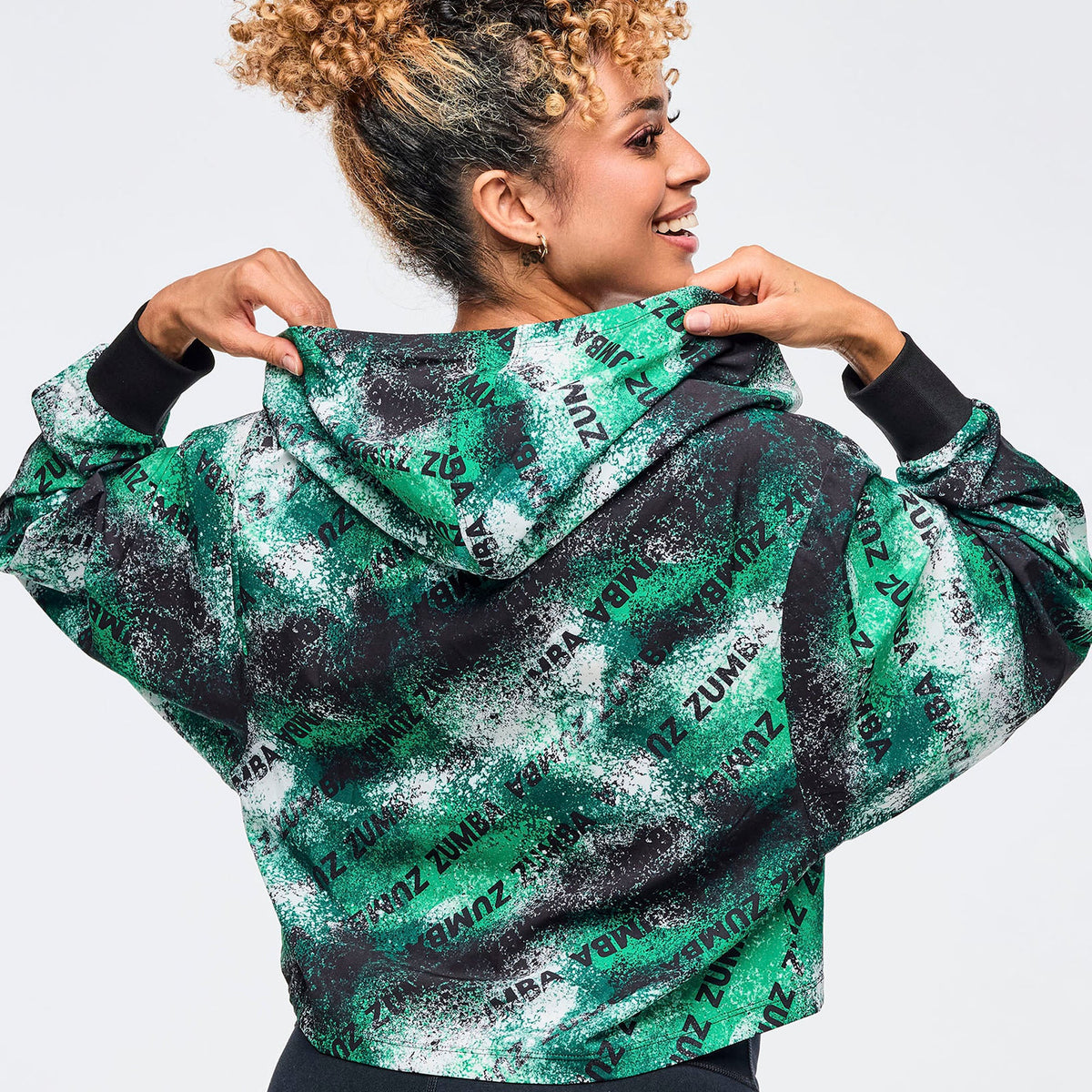 Apres Zumba Crop Woven Zip-Up Hoodie - Black/Green Z1T001030