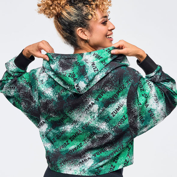 Apres Zumba Crop Woven Zip-Up Hoodie - Black/Green Z1T001030