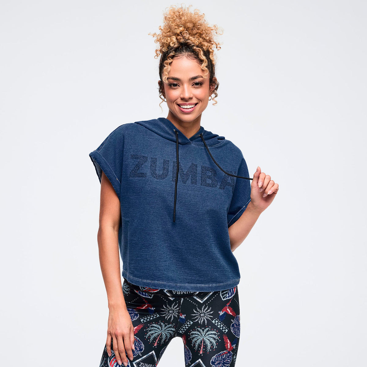 Latin Movement Short Sleeve Crop Pullover Hoodie - Denim Z1T001104