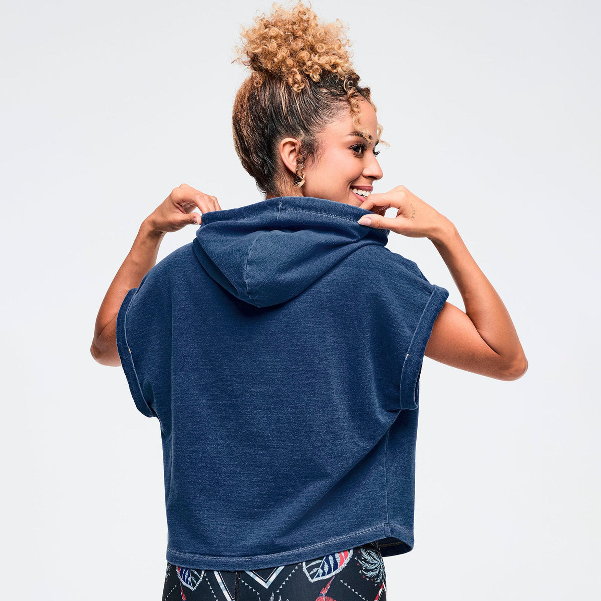 Latin Movement Short Sleeve Crop Pullover Hoodie - Denim Z1T001104