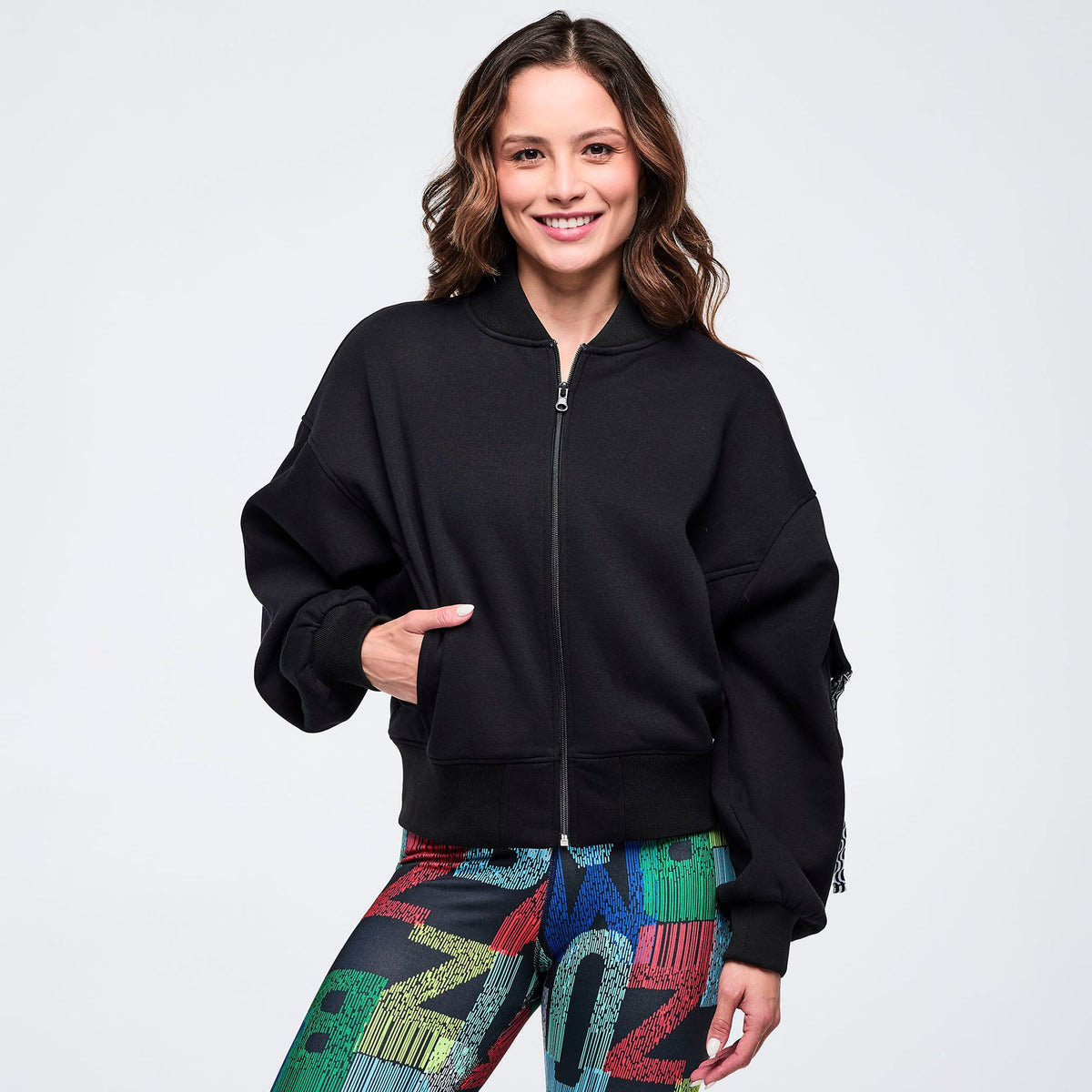 Latin Movement Drop Shoulder Zip-Up Jacket -  Bold Black Z1T001107