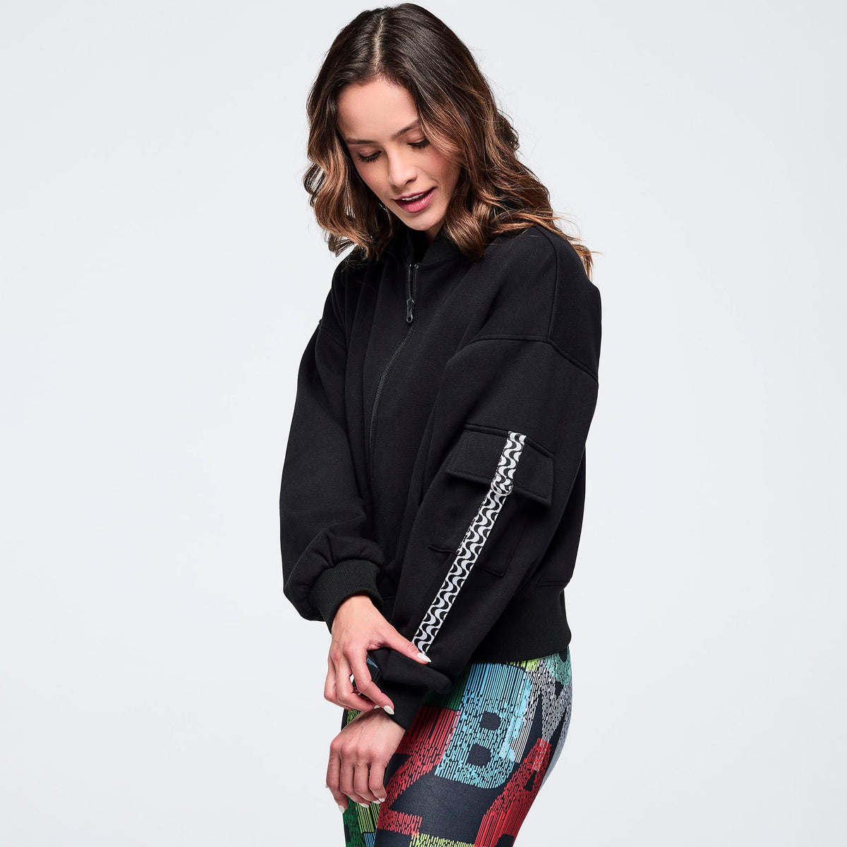 Latin Movement Drop Shoulder Zip-Up Jacket -  Bold Black Z1T001107