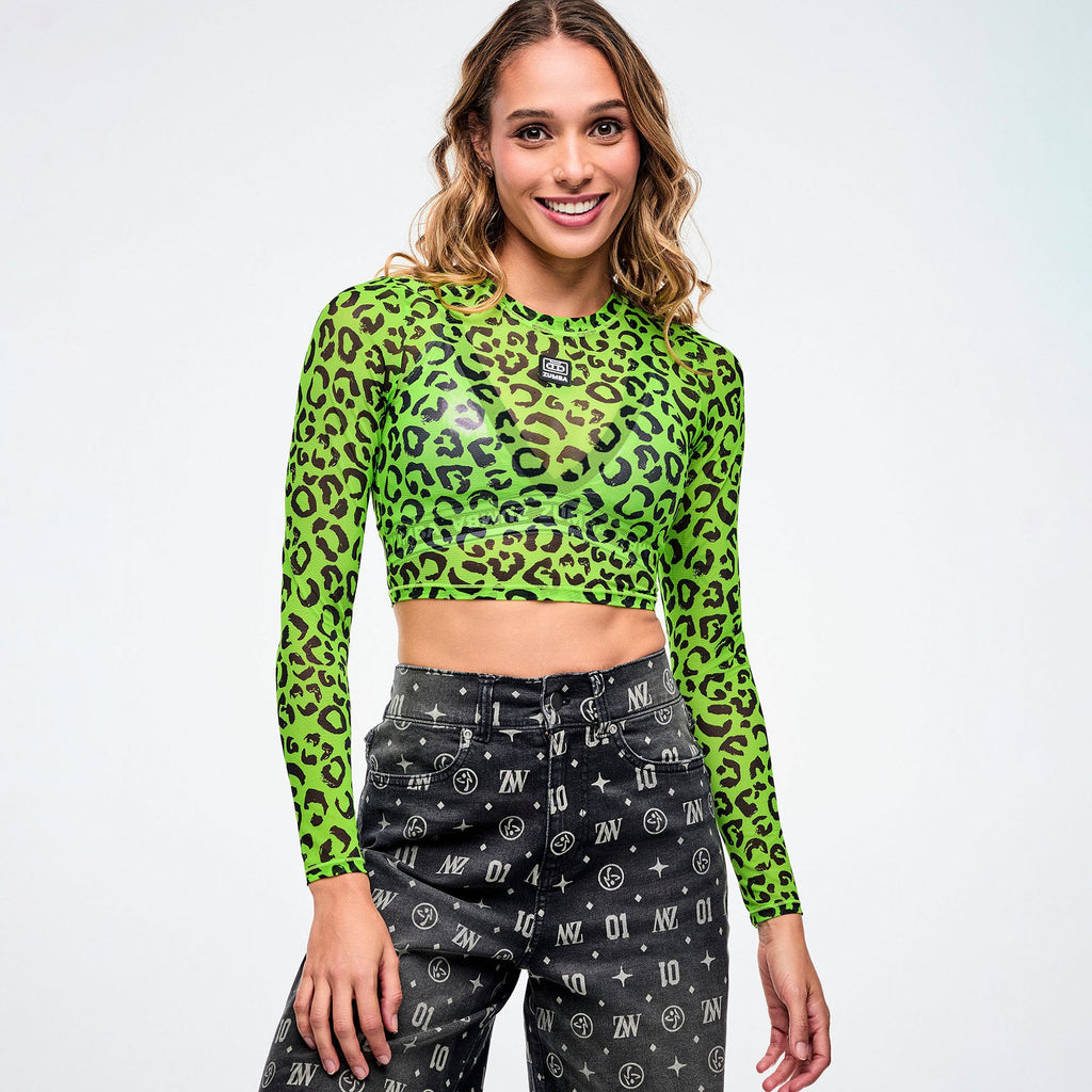 Dale-Z Long Sleeve Mesh Crop Top - Green/Black Z1T001322