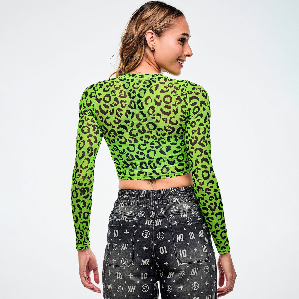 Dale-Z Long Sleeve Mesh Crop Top - Green/Black Z1T001322