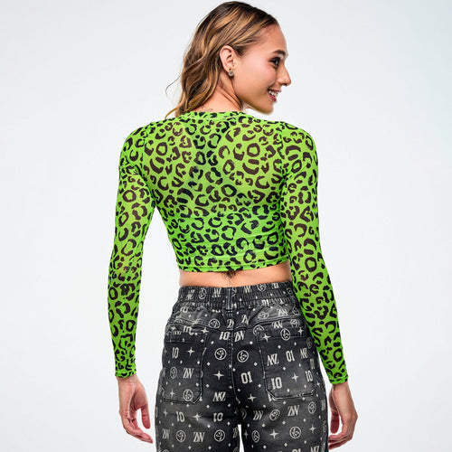 Dale-Z Long Sleeve Mesh Crop Top - Green/Black Z1T001322