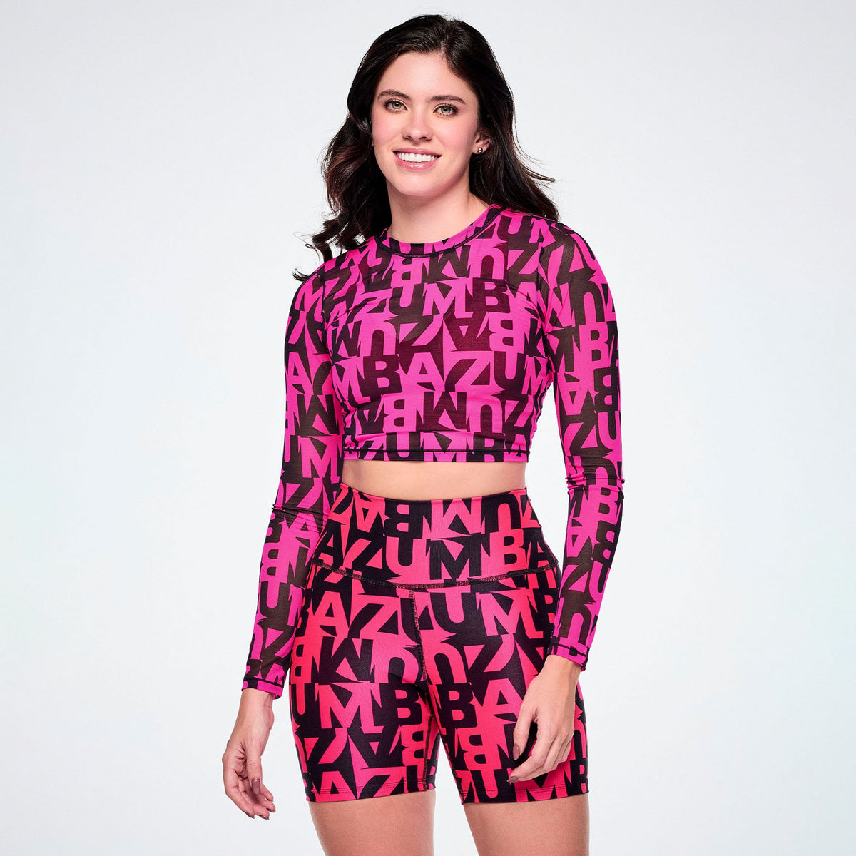 Ultrabright Long Sleeve Mesh Crop Top - Shocking Pink Z1T001421