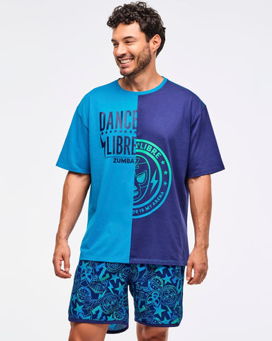 Zumba Libre Men's Oversized Two-Tone Crew Neck Tee - Peek-A-Blue Z2T000097