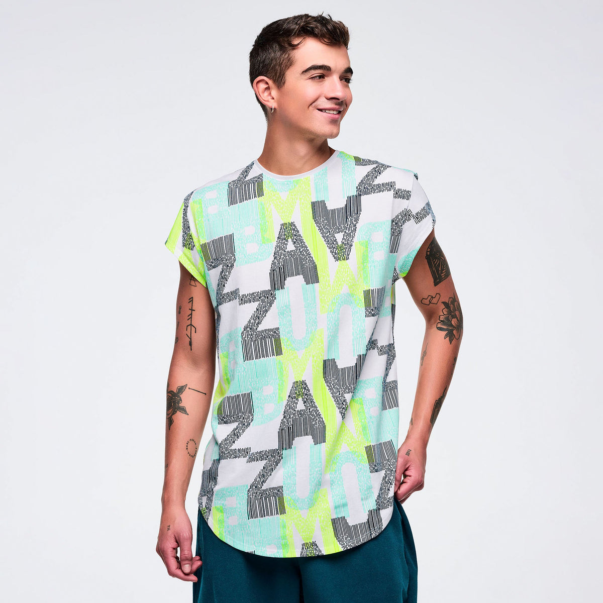 Latin Movement Men's Round Hem Tee - Green/White Z2T000127