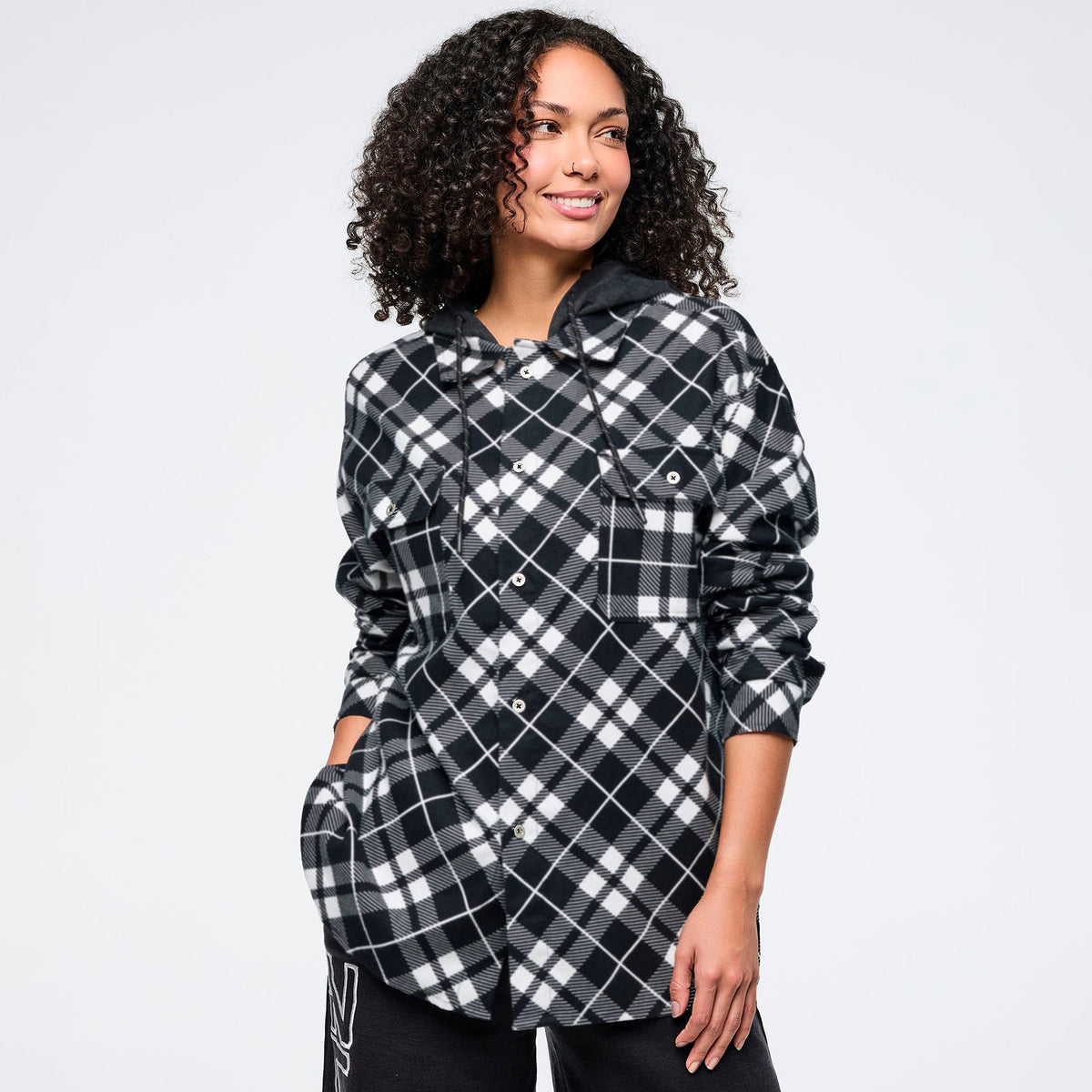 Eastern Flavor Flannel Shacket With Hood - Black Z3T000362