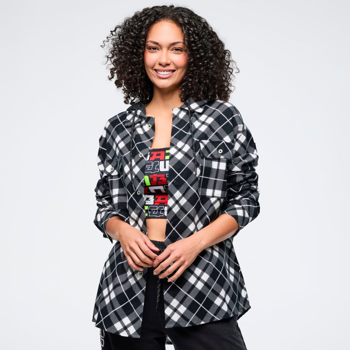 Eastern Flavor Flannel Shacket With Hood - Black Z3T000362