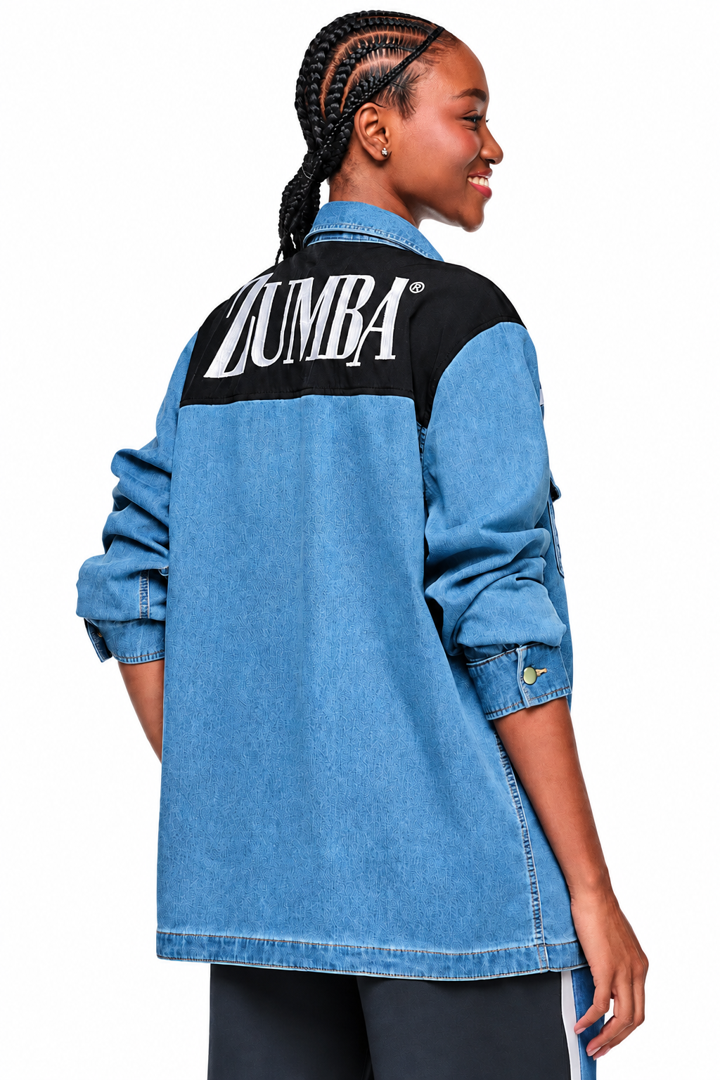 Rear view of Dale-Z Combo Denim Shacket on a plain white background