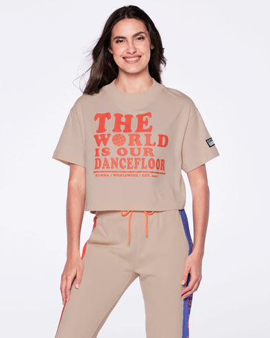 Zumba The World Is Our Dance Floor Crop Top - Oatmeal / Black / White Z1T000159